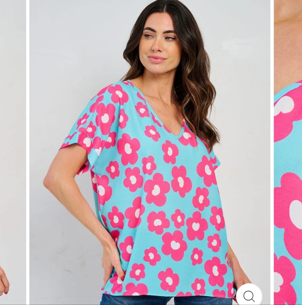 #122 Floral V-Neck Top in Pink and Blue Oversized